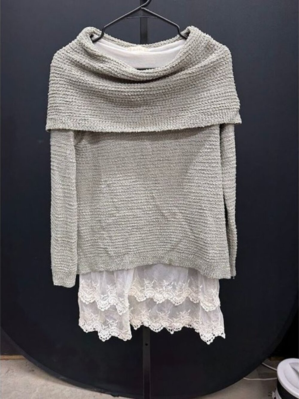 Altar'd State Grey Off-The-Shoulder Lace Trim Sweater